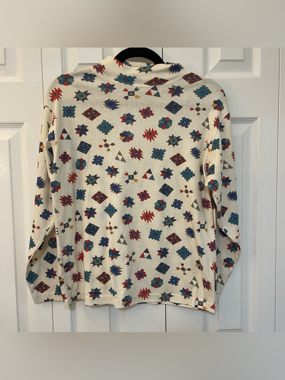 VTG L.L. Bean Cream Turtleneck Shirt with Blue & Red Geometric Print